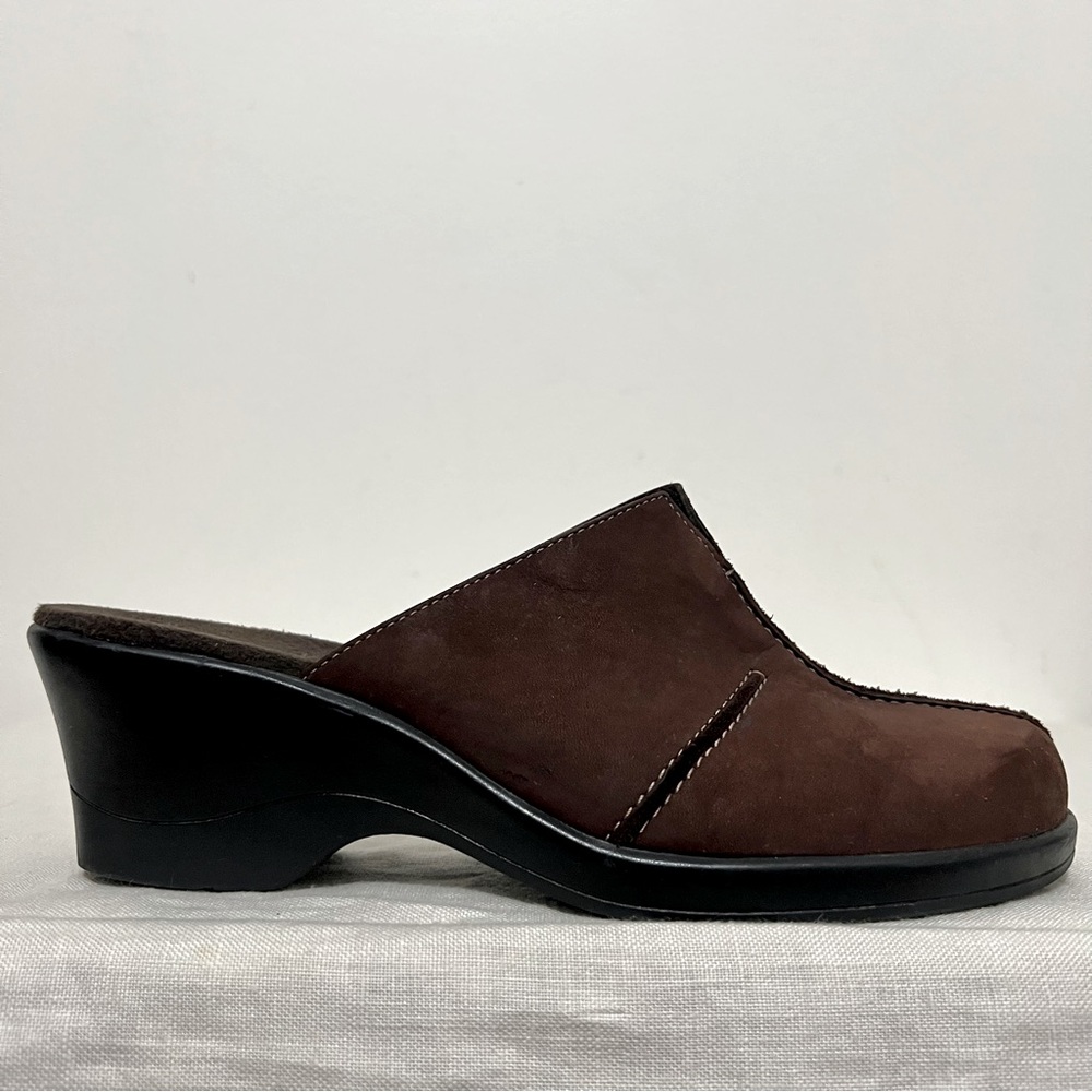 Clark’s Brown Nubuck Leather Mules Slip On Wedge Shoes Comfy Casual Cottagecore - Picture 5 of 10